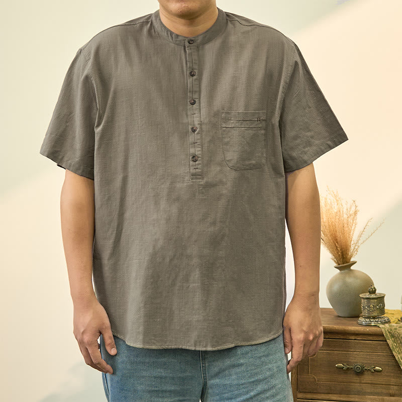 Buddha Stonesメンズ 夏 無地 半袖 ハーフボタン コットンリネン シャツ - ダークシーグリーン - US/UK/AU40、 EU50 (2XL) - image 1