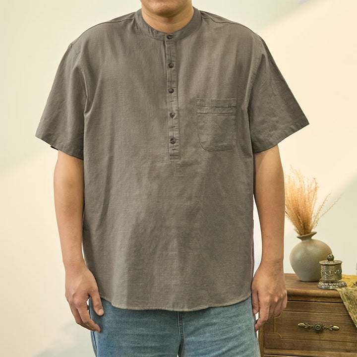 Buddha Stonesメンズ 夏 無地 半袖 ハーフボタン コットンリネン シャツ - ダークシーグリーン - US/UK/AU40、 EU50 (2XL) - image 1