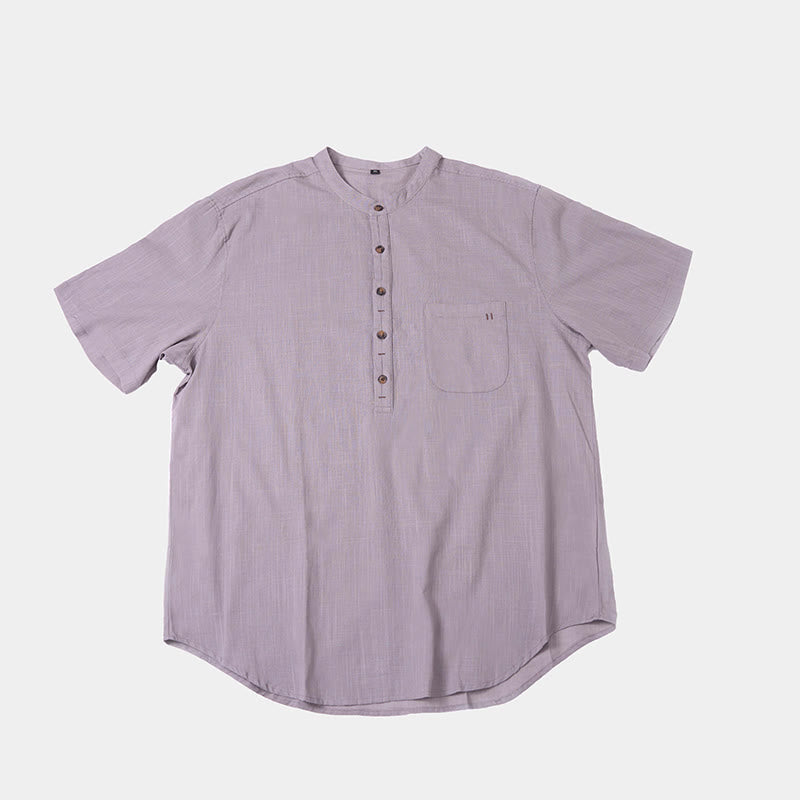 Buddha Stonesメンズ 夏 無地 半袖 ハーフボタン コットンリネン シャツ - image 14