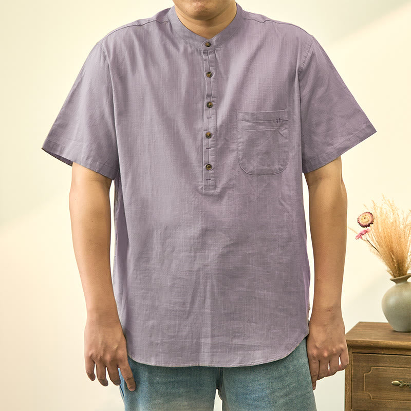 Buddha Stonesメンズ 夏 無地 半袖 ハーフボタン コットンリネン シャツ - ライトグレー - US/UK/AU40、 EU50 (2XL) - image 13