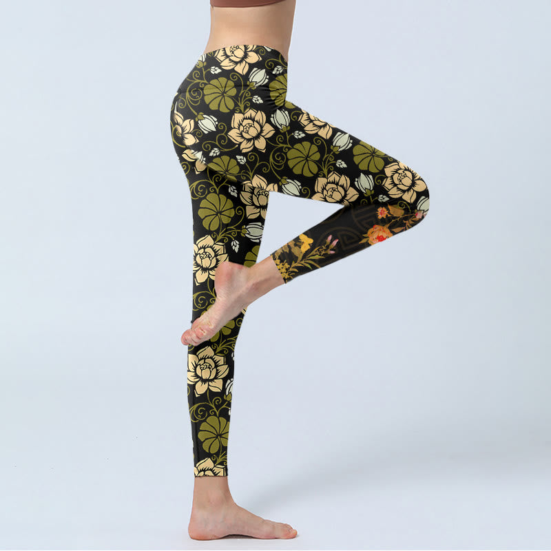 Buddha Stones、黄色の花、緑の葉のプリントジムフィットネスレギンスレディースヨガパンツ - image 4
