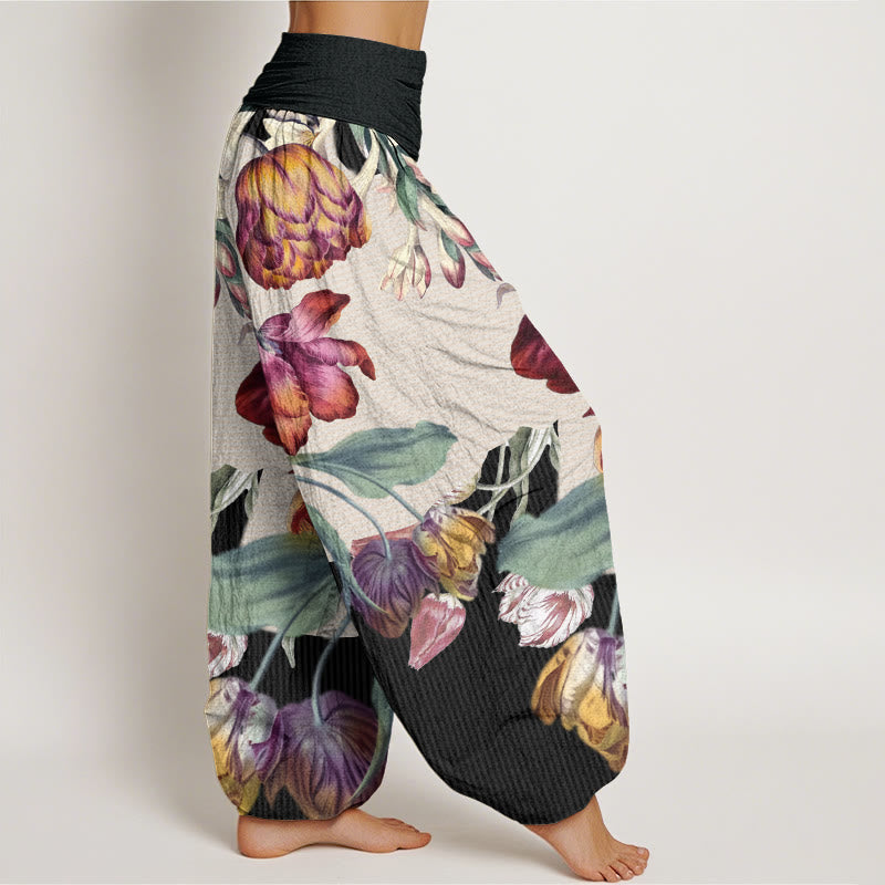 Buddha Stones、チューリップ、緑の葉のデザイン、レディース 伸縮性ウエスト ハーレムパンツ - image 3