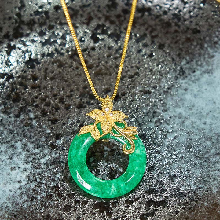 Buddha Stonesシアン翡翠平和のお守りチャーム合金 花 癒し 幸運 ネックレス ペンダント