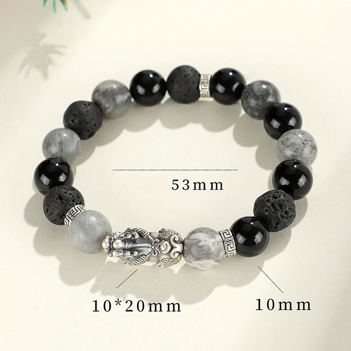 Buddha Stones 999スターリングシルバー PiXiu ブラックオニキス グレージャスパー 溶岩石守護ブレスレット
