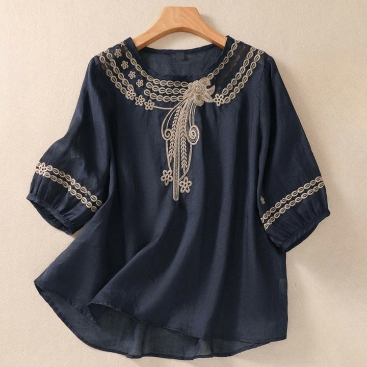 Buddha Stonesアーティスティック 無地 花柄 刺繍デザイン クルーネック パフ 半袖 コットン リネン レディース Tシャツ - ダークスレートブルー - US8-10,UK/AU12-14,EU40-42 (2XL) - image 0