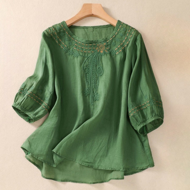 Buddha Stonesアーティスティック 無地 花柄 刺繍デザイン クルーネック パフ 半袖 コットン リネン レディース Tシャツ - シーグリーン - US8-10,UK/AU12-14,EU40-42 (2XL) - image 19