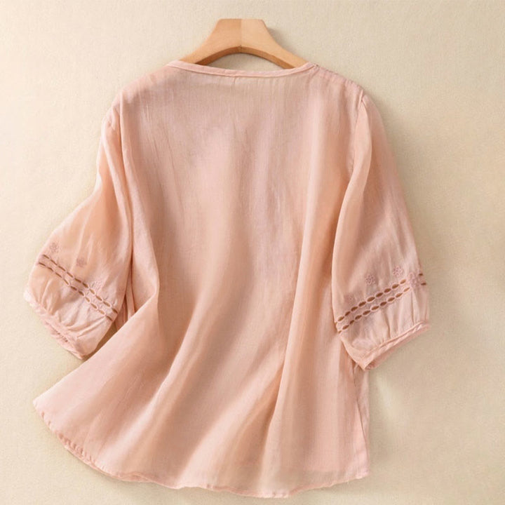 Buddha Stonesアーティスティック 無地 花柄 刺繍デザイン クルーネック パフ 半袖 コットン リネン レディース Tシャツ - ミスティローズ - US8-10,UK/AU12-14,EU40-42 (2XL) - image 5