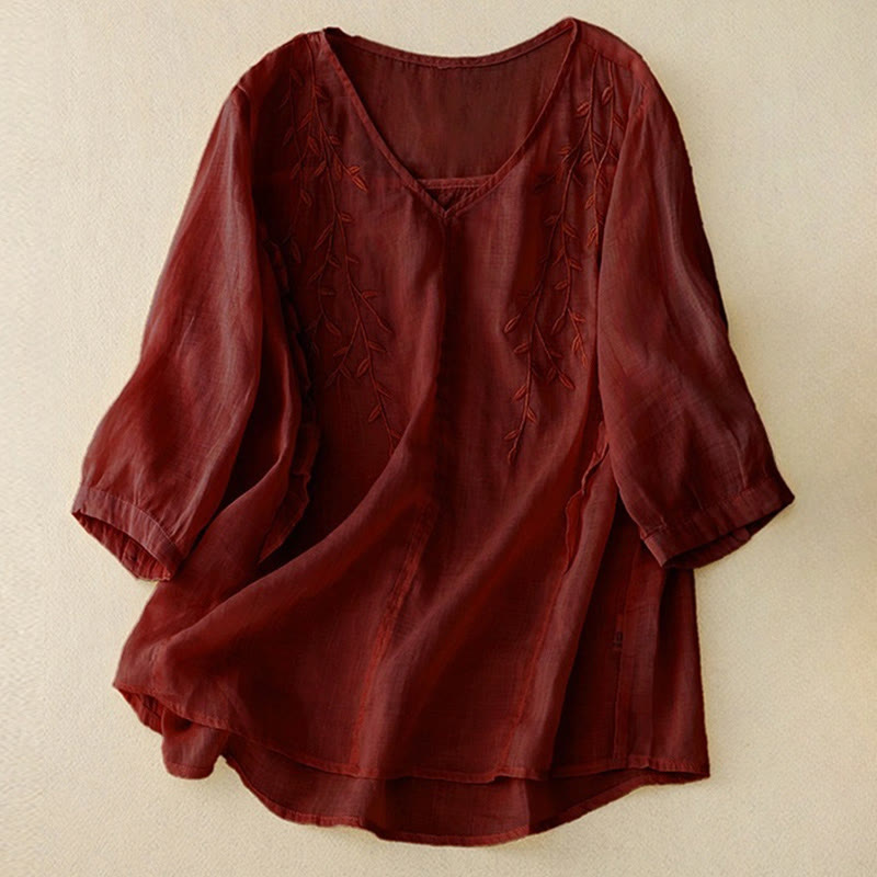 Buddha Stonesカジュアル 無地 刺繍 柳葉 半袖 Vネック レディース シャツ - 茶色 - US8-10,UK/AU12-14,EU40-42 (2XL) - image 8
