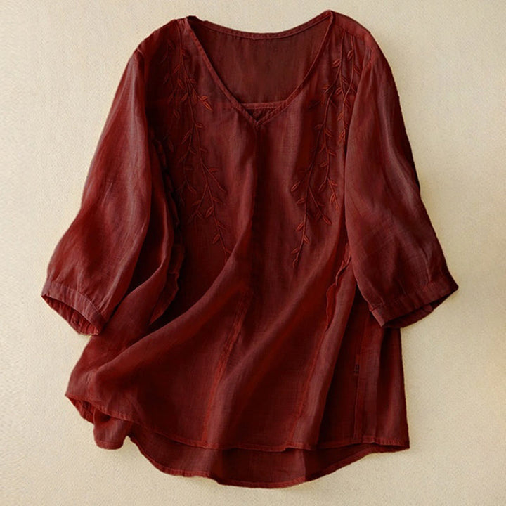 Buddha Stonesカジュアル 無地 刺繍 柳葉 半袖 Vネック レディース シャツ - 茶色 - US8-10,UK/AU12-14,EU40-42 (2XL) - image 8