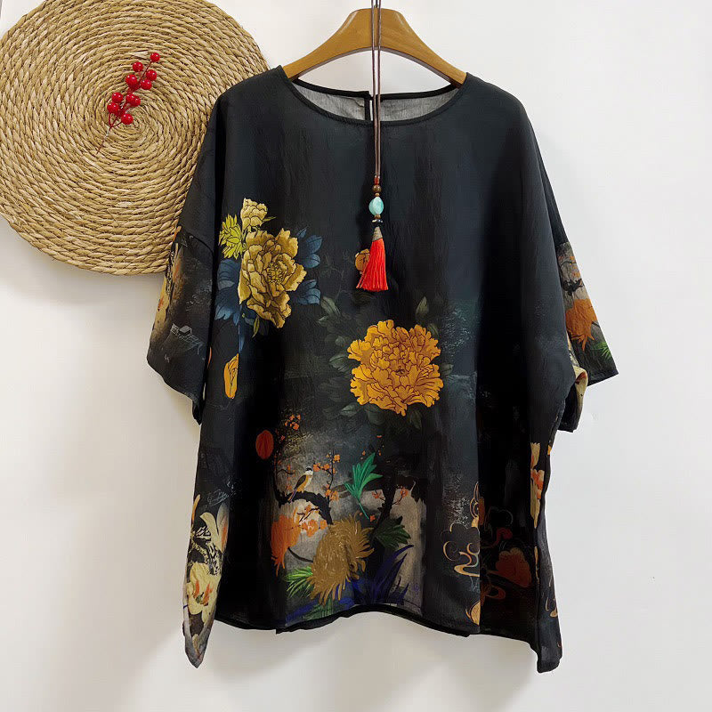 Buddha Stonesカジュアルプリント 吉兆雲 様々な花びら レディース クルーネックデザイン 半袖 ポリエステル Tシャツ