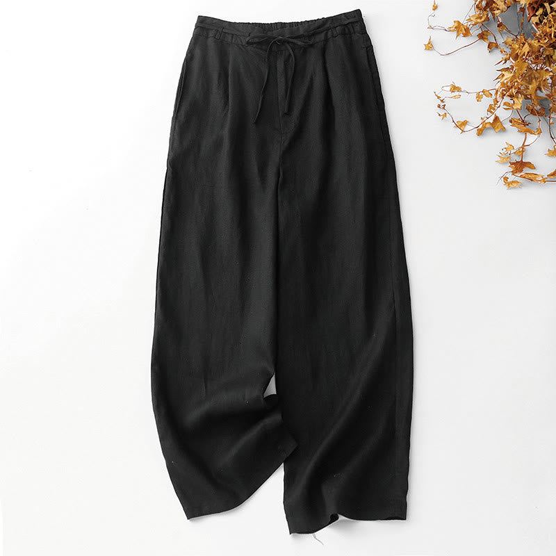 Buddha Stones夏 無地 アンクル丈 ドローストリング コットンリネン レディース ワイドレッグパンツ ポケット ジッパー付き - 黒 - US8-10,UK/AU12-14,EU40-42 (2XL) - image 7