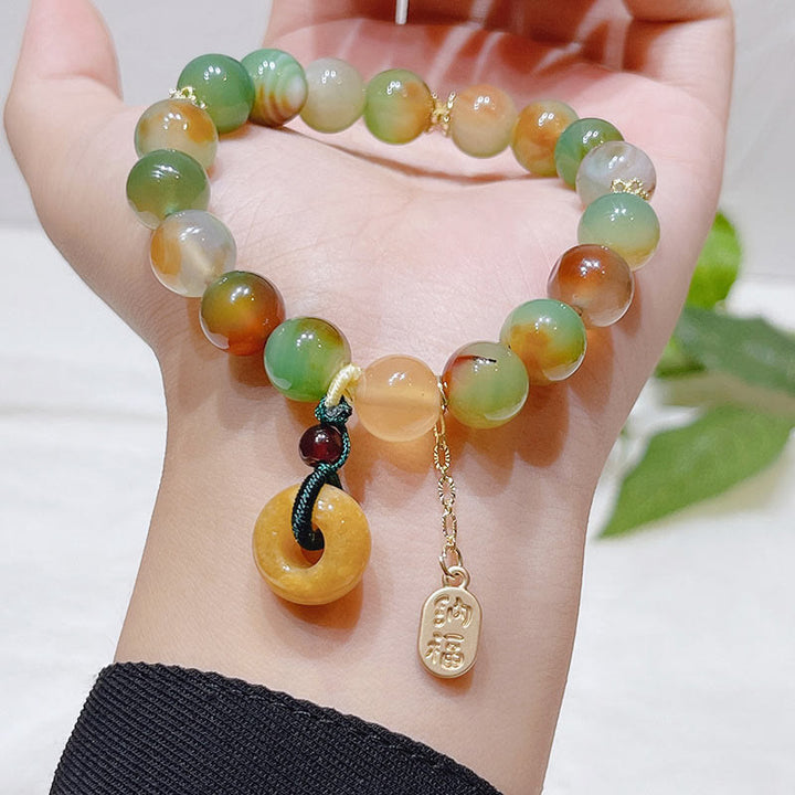 Buddha Stones ピーコックアゲート&トパーズ 平和チャーム付き ヒーリングブレスレット