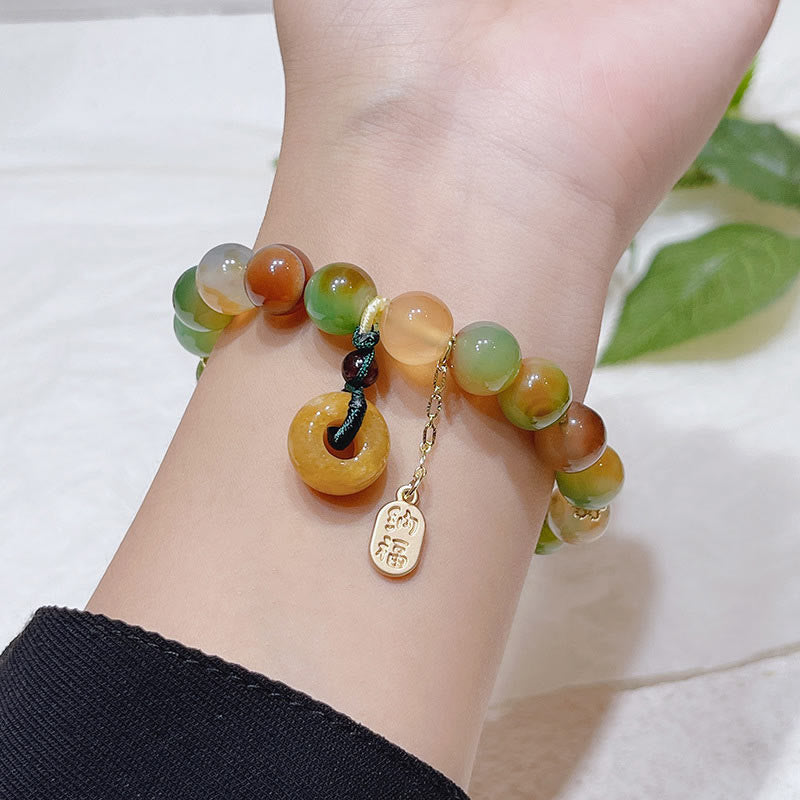 Buddha Stones ピーコックアゲート&トパーズ 平和チャーム付き ヒーリングブレスレット