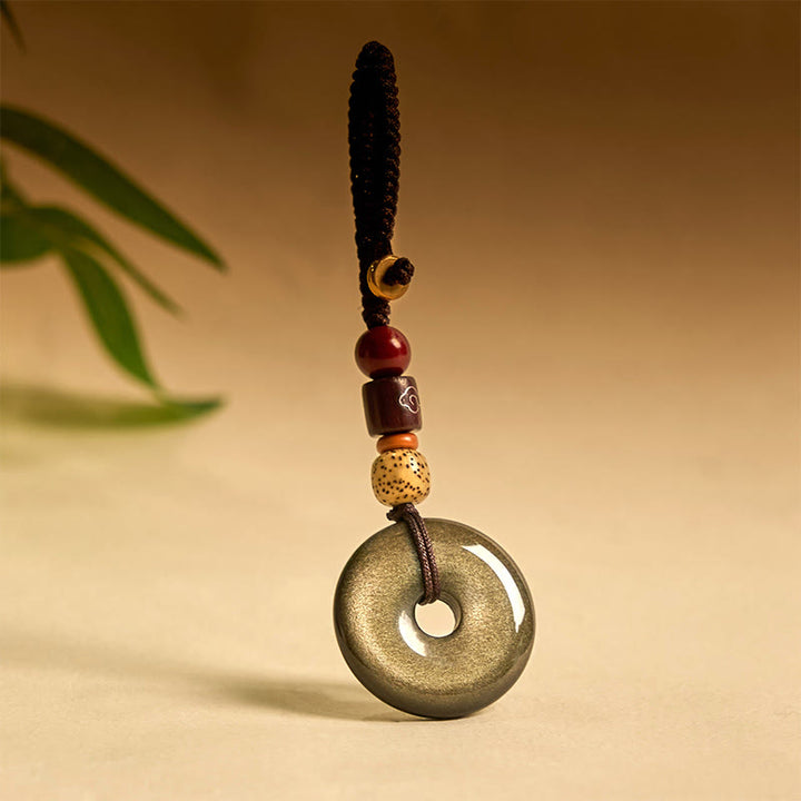 Buddha Stones天然ゴールド光沢黒曜石平和バックル強化キーチェーン