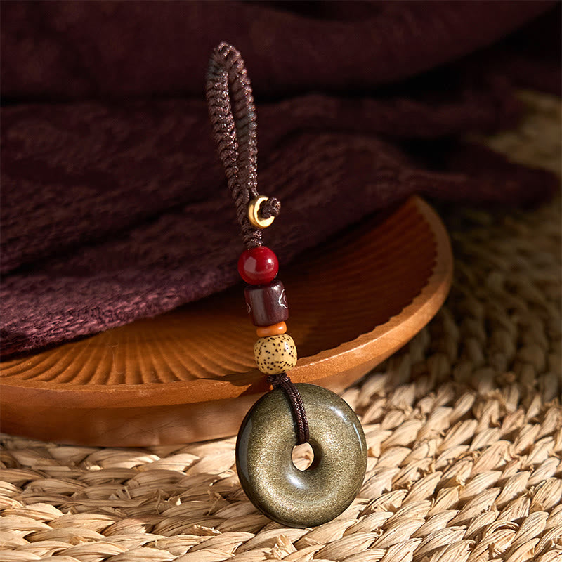 Buddha Stones天然ゴールド光沢黒曜石平和バックル強化キーチェーン