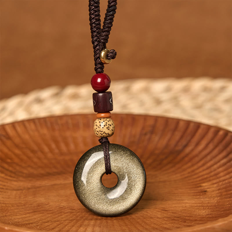 Buddha Stones天然ゴールド光沢黒曜石平和バックル強化キーチェーン