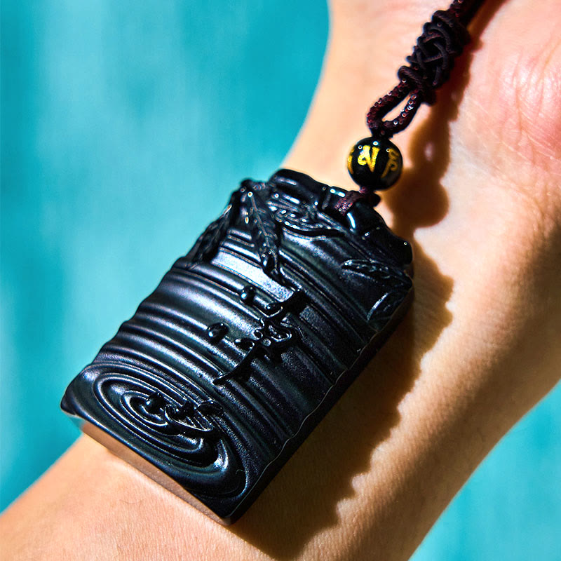 Buddha Stones天然黒曜石竹の成就ネックレスペンダント