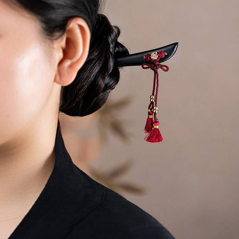 Buddha Stones黒檀 赤い紐 中国結び タッセル 保護 ヘアピン
