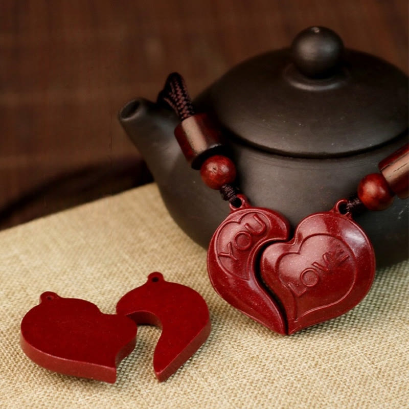 Buddha Stones2個 LOVE YOU 天然辰砂 ラブハート ストリング 祝福 カップルネックレス ペンダント