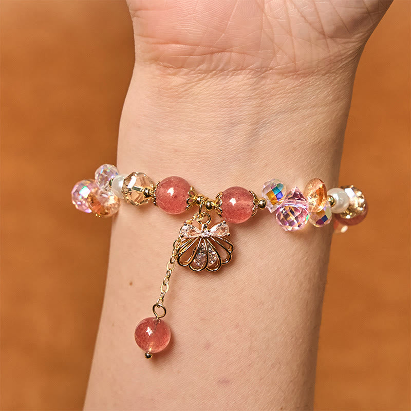 Buddha Stones天然ストロベリークォーツ パールシェル ポジティブブレスレット