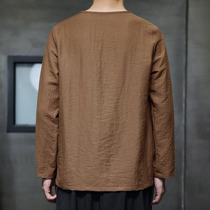 Buddha Stones無地 ゆったり 長袖 ラウンドネック コットン メンズシャツ - image 36