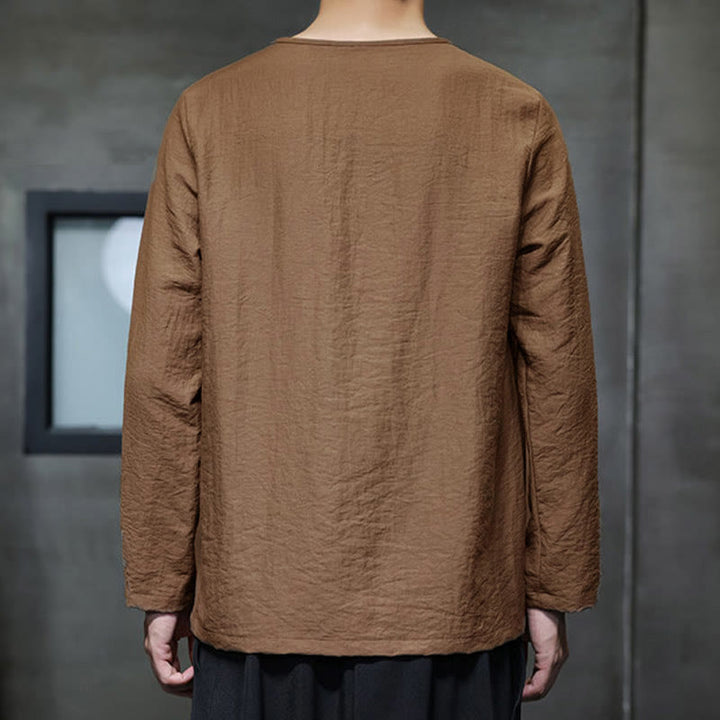 Buddha Stones無地 ゆったり 長袖 ラウンドネック コットン メンズシャツ - image 36