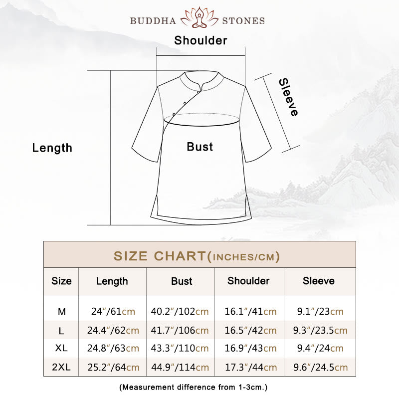 Buddha Stones梅刺繍カエルボタン半袖コットンリネンシャツ - image 3