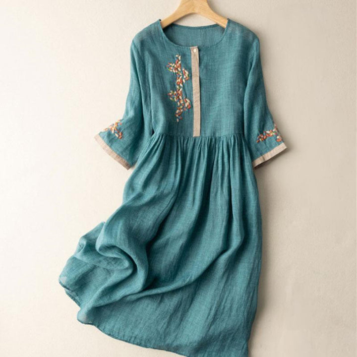 Buddha Stones春 エスニック刺繍 半袖 コットンリネン レディース ミディドレス - ティール - US8-10,UK/AU12-14,EU40-42 (2XL) - image 7