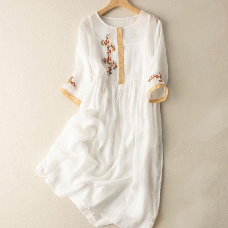 Buddha Stones春 エスニック刺繍 半袖 コットンリネン レディース ミディドレス - 白 - US8-10,UK/AU12-14,EU40-42 (2XL) - image 1