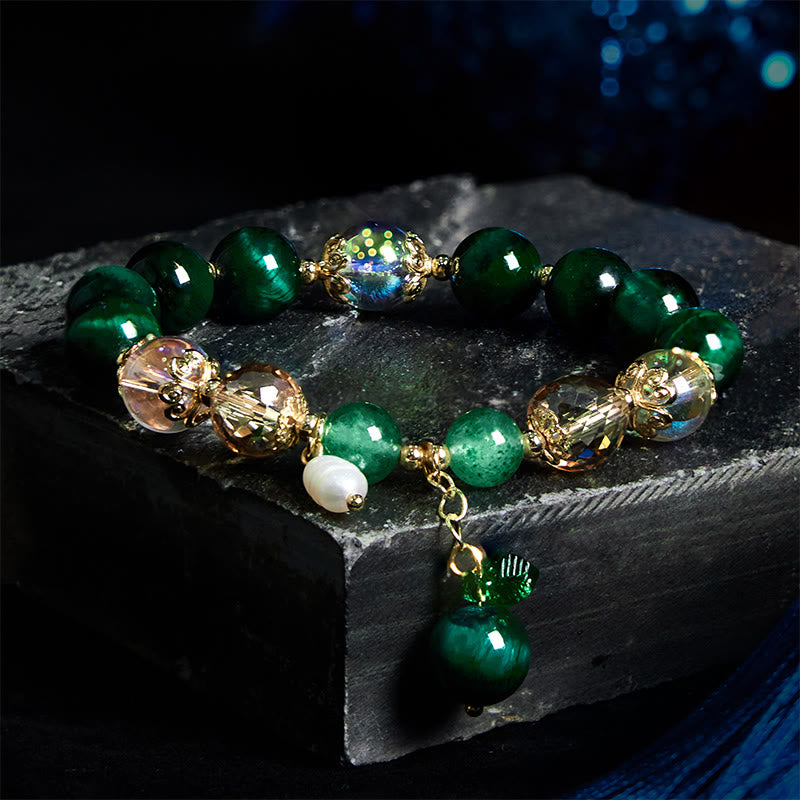 Buddha Stones天然グリーンタイガーアイビーズ グリーンリーフ ポジティブブレスレット