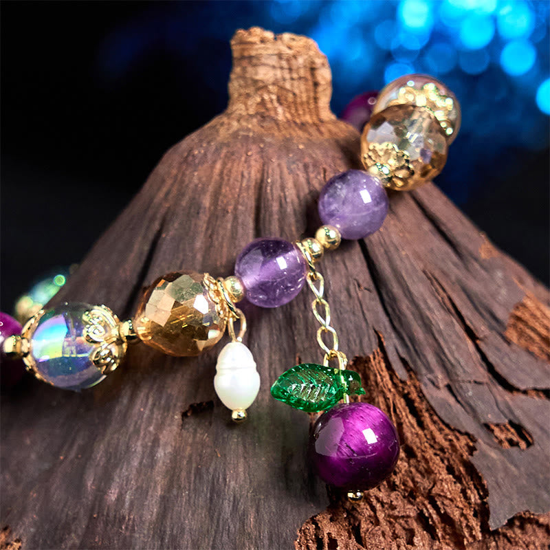 Buddha Stones天然レッドタイガーアイパープルタイガーアイビーズグリーンリーフプロテクションブレスレット