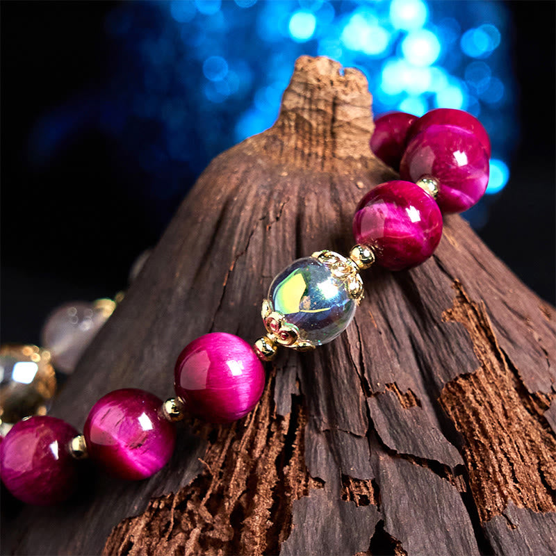 Buddha Stones天然レッドタイガーアイパープルタイガーアイビーズグリーンリーフプロテクションブレスレット