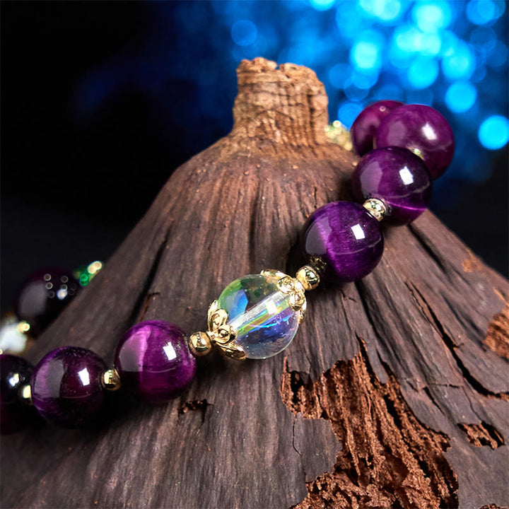 Buddha Stones天然レッドタイガーアイパープルタイガーアイビーズグリーンリーフプロテクションブレスレット