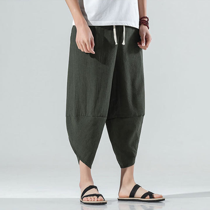 Buddha Stones無地 シンプルデザイン ドローストリング 7-8丈 リネン メンズ ハーレムパンツ ポケット付き