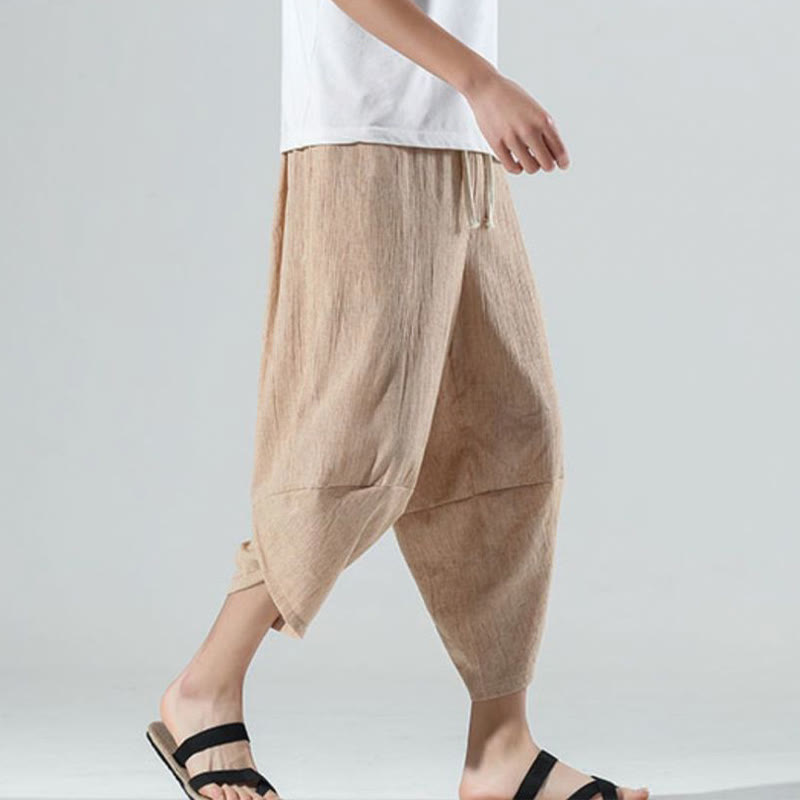 Buddha Stones無地 シンプルデザイン ドローストリング 7-8丈 リネン メンズ ハーレムパンツ ポケット付き