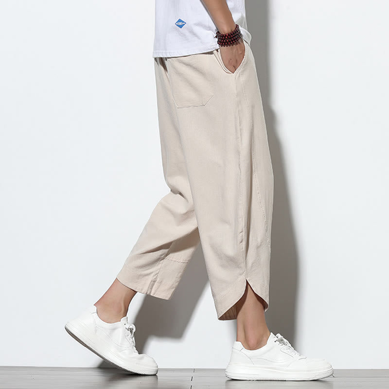 Buddha Stonesカジュアル サマー ドローストリング 7-8丈 リネン メンズ ハーレムパンツ ポケット付き
