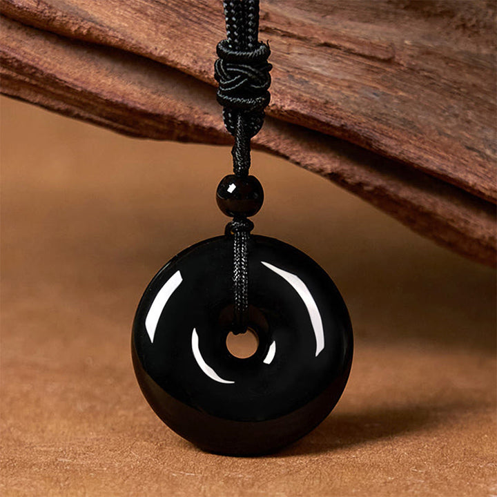 Buddha Stones天然黒曜石 平和バックル 強度ロープネックレスペンダント