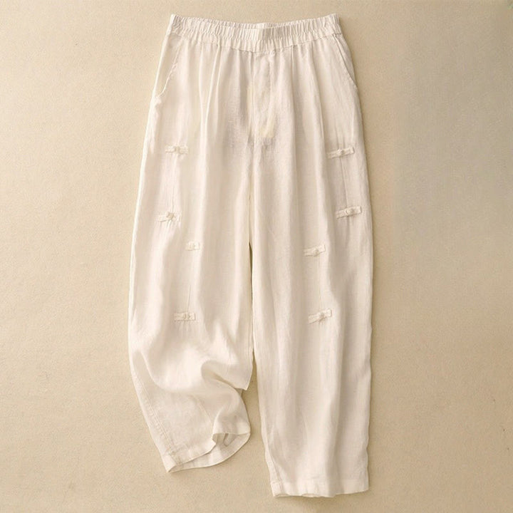 Buddha Stonesカジュアル 無地 フロッグボタンデザイン 7-8丈 コットンリネン レディース ハーレムパンツ ポケット付き - オールドレース - US8-10,UK/AU12-14,EU40-42 (2XL) - image 3