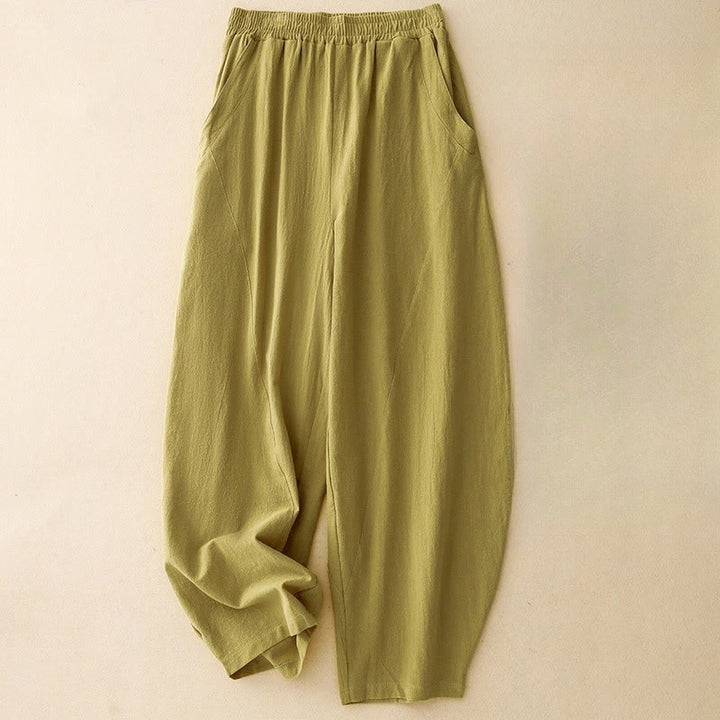 Buddha Stonesデイリー 無地 伸縮性ウエストバンド コットンリネン レディース パンツ ポケット付き - 黄緑 - US8-10,UK/AU12-14,EU40-42 (2XL) - image 0