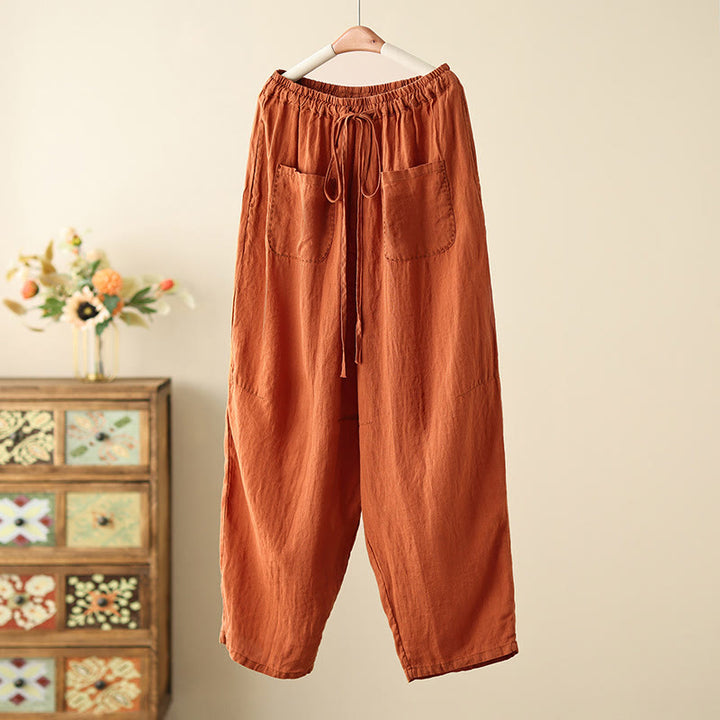 Buddha Stonesカジュアル 無地 シワデザイン ドローストリング 9丈 コットンリネン レディース ワイドレッグパンツ ポケット付き - ダークオレンジ - US8-10,UK/AU12-14,EU40-42 (2XL) - image 0