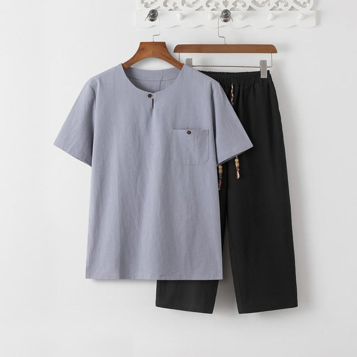 Buddha Stones夏 2点セット 無地 半袖 Tシャツ 7-8丈パンツ コットンリネン タンスーツ メンズ 瞑想用 布セット ポケット付き - ライトスチールブルーTシャツ&ブラックパンツ - US/UK/AU46、 EU56 (5XL) - image 14