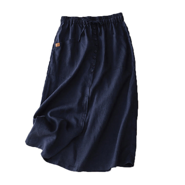 Buddha Stones春のレースアップボタンスリットデザインレディースコットンリネンスカート(ポケット付き) - image 6