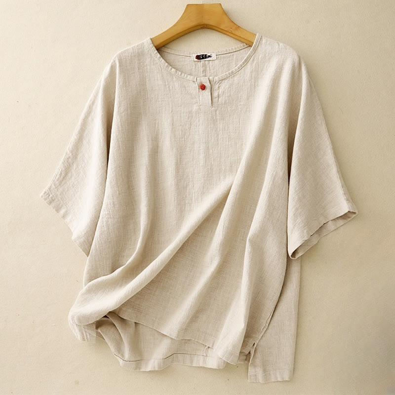 Buddha Stonesカジュアル 無地 レディース クルーネックデザイン ゆったり 半袖 コットンリネン Tシャツ