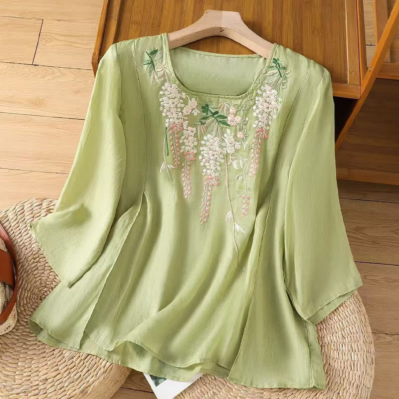 Buddha Stonesカジュアル 刺繍 花柄 レディース クルーネックデザイン 七分袖 コットンリネン Tシャツ