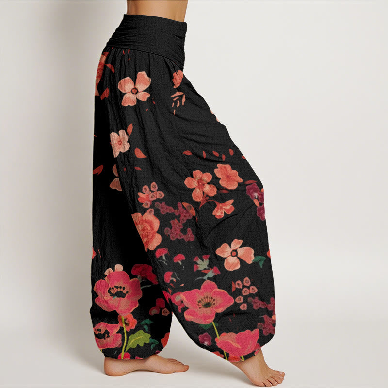 Buddha Stonesと赤い花、ポピー柄レディース伸縮性ウエストハーレムパンツ - image 3