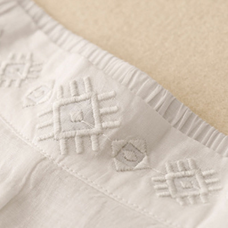 Buddha Stonesの幾何学模様刺繍入り伸縮性ウエストレディースコットンリネンワイドレッグパンツ(ポケット付き) - image 22