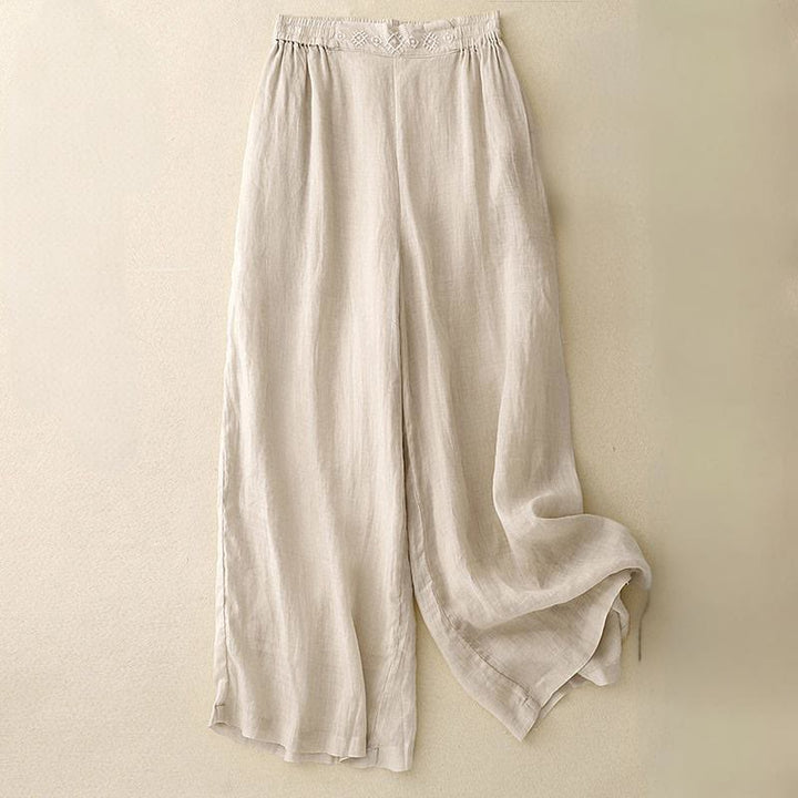 Buddha Stonesの幾何学模様刺繍入り伸縮性ウエストレディースコットンリネンワイドレッグパンツ(ポケット付き) - ベージュ - US8-10,UK/AU12-14,EU40-42 (2XL) - image 11