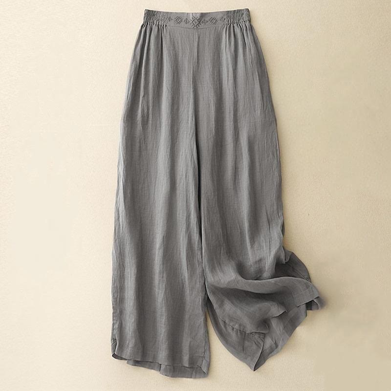Buddha Stonesの幾何学模様刺繍入り伸縮性ウエストレディースコットンリネンワイドレッグパンツ(ポケット付き) - グレー - US8-10,UK/AU12-14,EU40-42 (2XL) - image 6