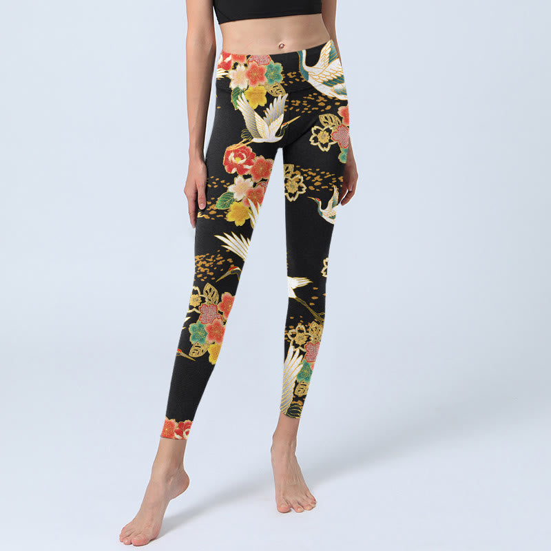 Buddha Stonesとタンチョウヅルのカラフルな花柄プリントのジムレギンス レディース ヨガパンツ - image 6