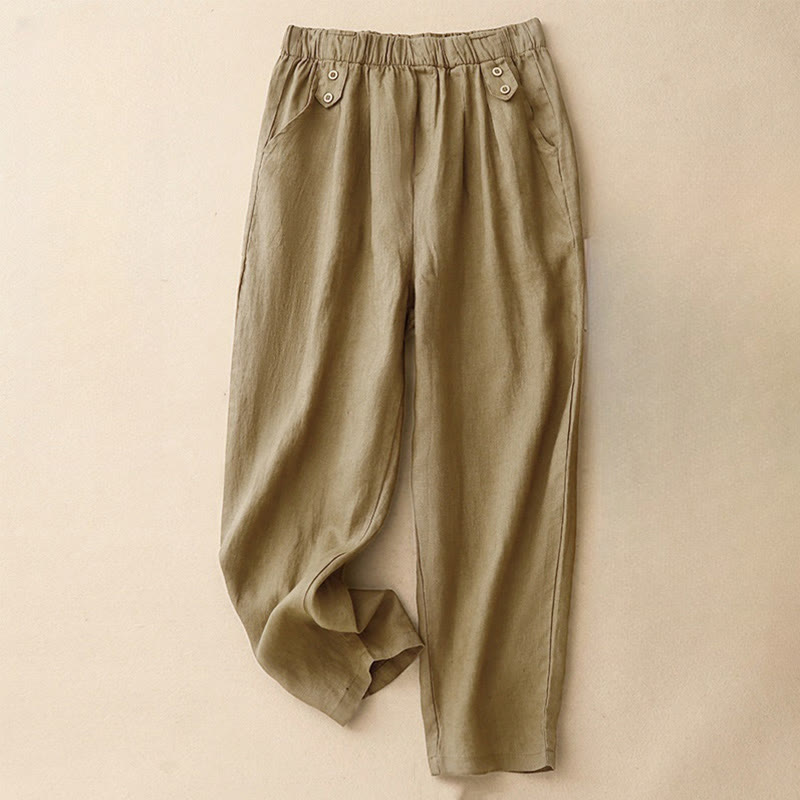 Buddha Stones夏 無地 カジュアル 7-8丈 ボタン レディース コットンリネン ハーレムパンツ ポケット付き - タン - US8-10,UK/AU12-14,EU40-42 (2XL) - image 0